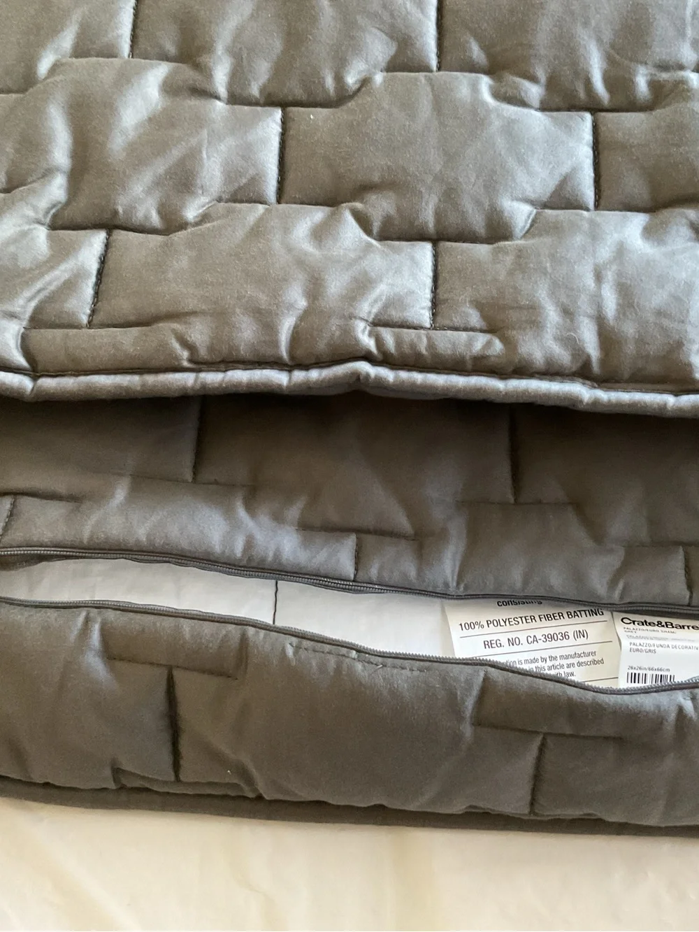 Crate & Barrel Palazzo Grey Quilted Set Of 3 Euro Shams 26x26”